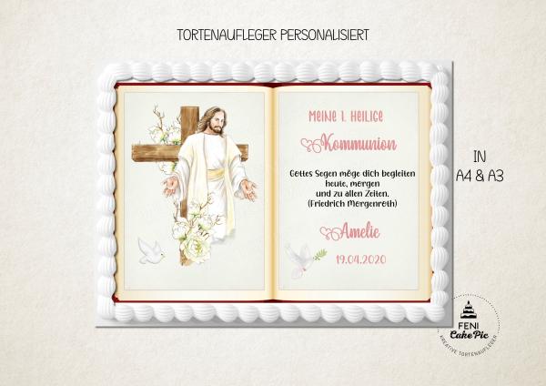 Tortenaufleger zur Kommunion "Jesus" personalisiert mit Text in Rosa eckig Buchform